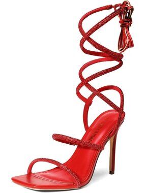 Women's Red Strappy Stilettos Gladiator Sexy Square Toe Open Toe Pump Sandals